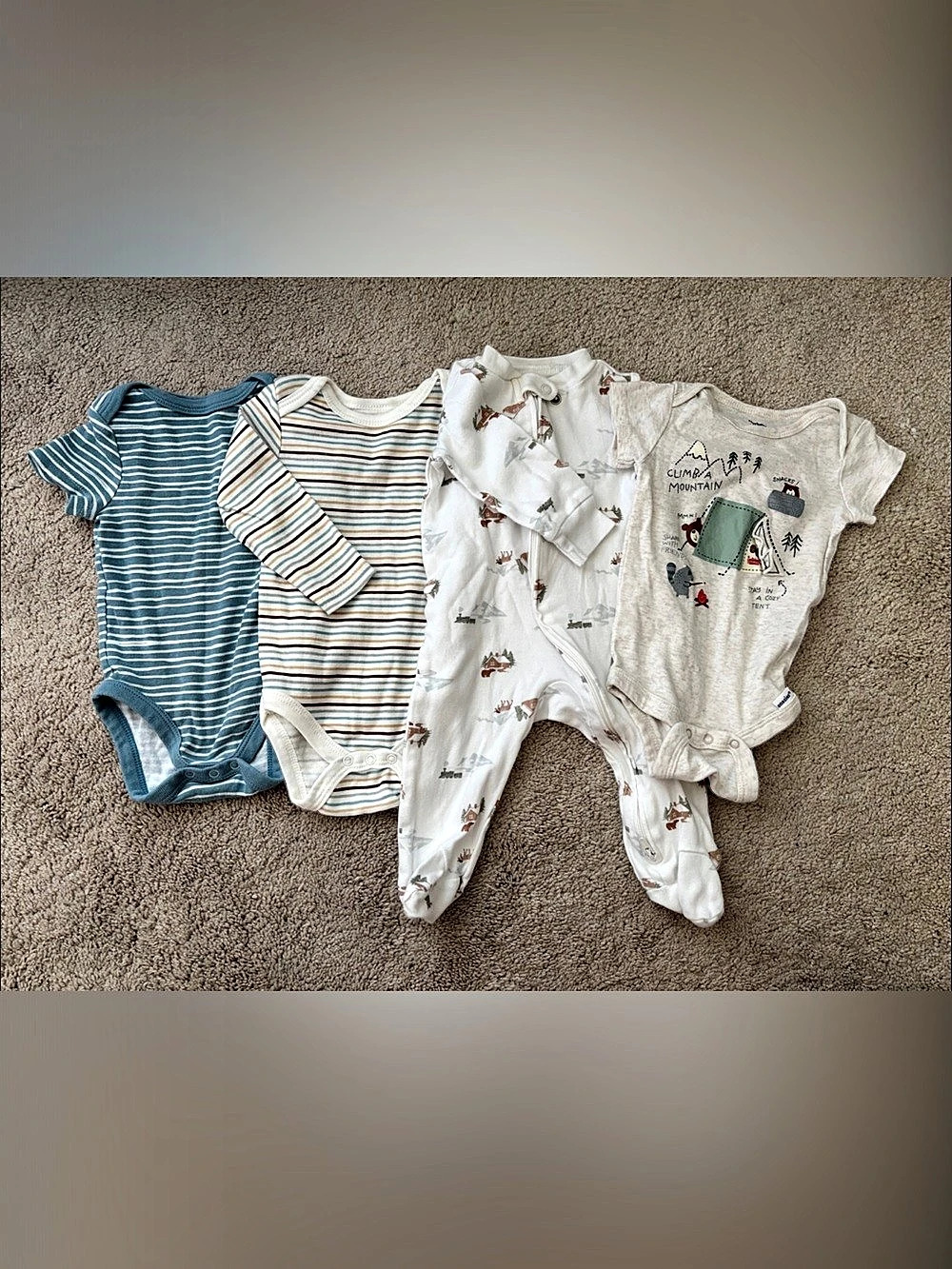 Bundle of FOUR 4 Baby Boy Items 3-6 Months: 3 Onesies, 1 Footie Blue, Outdoor